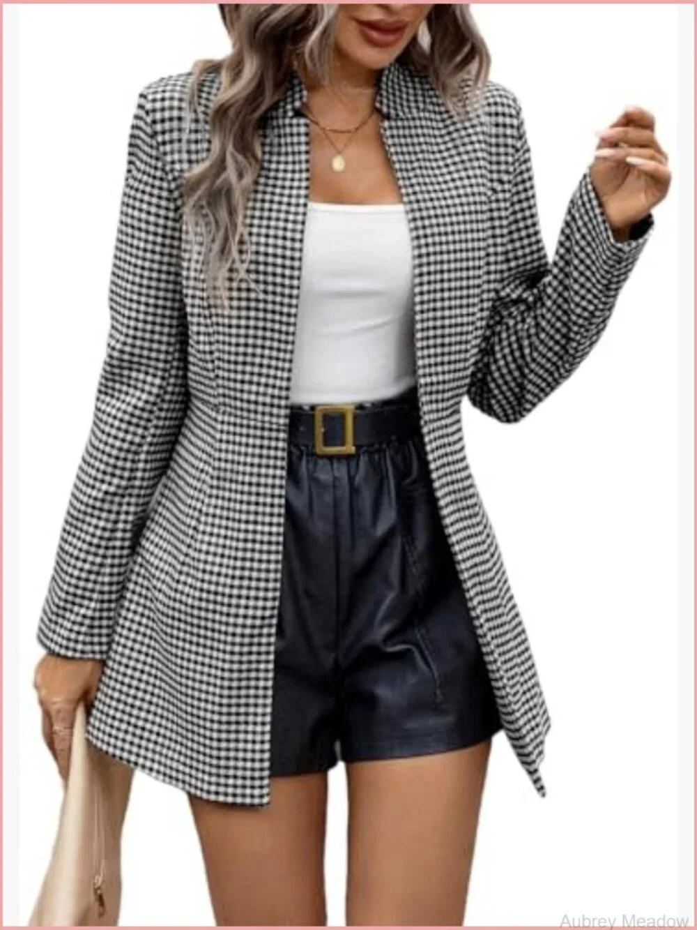 Long Plaid Blazer Jacket Open Front Notched Lapel Work Casual Office Suit